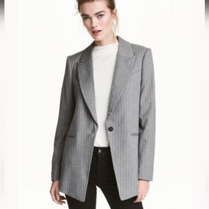 🆕H&M Pinstripe Long Jacket Blazer Grey & White Size 2 Women's